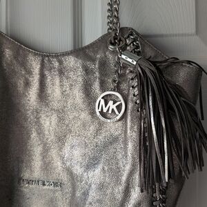 MICHAEL KORS Metallic Silver Leather Tote with Tassel Charm